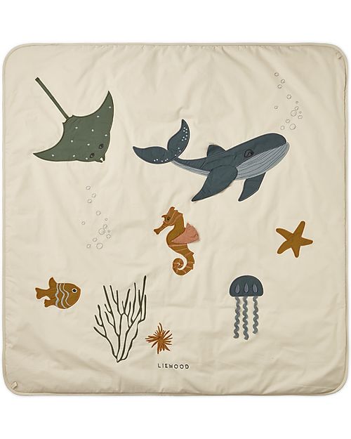 Liewood Glenn Activity Blanket - Sea Creature/Sandy Mix - Organic Cotton - 110 x 110 cm - Great for Developing Motor Sences and Curiosity! Playmats