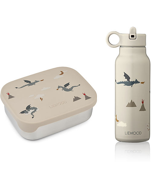 Liewood Joni Set  - Arthur Lunchbox + Falk Water Bottle - Dark Sandy Mix - Little Dragon Thermos Bottles