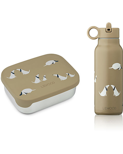 Liewood Joni Set  - Arthur Lunchbox + Falk Water Bottle - Oat Mix - Dog Thermos Bottles