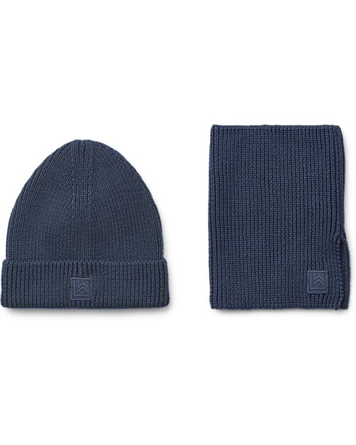 Liewood Lina Hat and Neckwarmer Set - Navy Blue - 100% Cotton Winter Hats