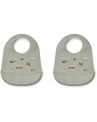 Liewood Pack of 2 Tilda Bibs - Vehicles/Dove blue mix - Silicone Waterproof Bibs