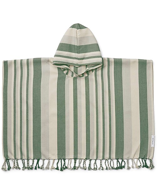 Liewood Roomie Poncho Bathrobe - Garden Green/Sandy/Dove Blue Stripes - 100% Organic Cotton Towels And Flannels