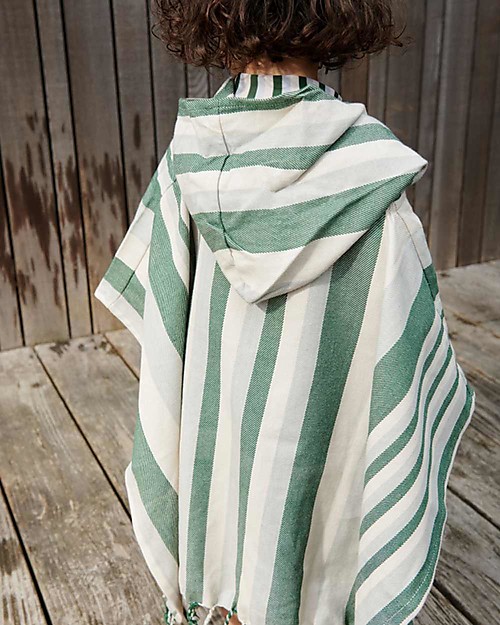 Liewood Roomie Poncho Bathrobe - Garden Green/Sandy/Dove Blue Stripes - 100% Organic Cotton Towels And Flannels