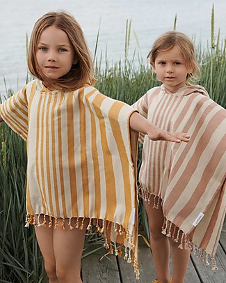 Liewood Roomie Poncho Bathrobe - Mustard/Sandy Stripes - 100% Organic Cotton Towels And Flannels