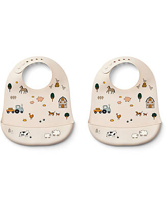 Liewood Set of 2 Waterproof Bibs with Tilda Pocket - Farm - Sand - Silicone Waterproof Bibs