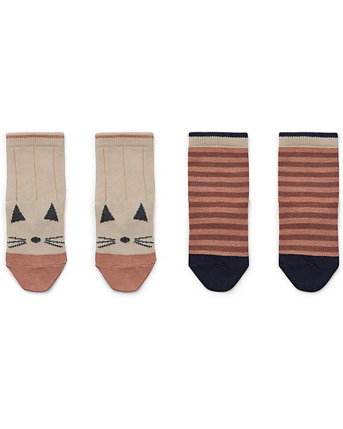 Liewood Silas Socks, Cat/Striped Coral Blush, 2 pack -  Elasticated Cotton Socks