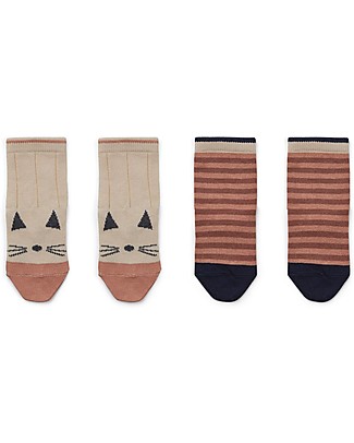 Liewood Silas Socks, Cat/Striped Coral Blush, 2 pack - Elasticated Cotton Socks
