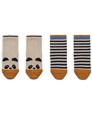 Liewood Silas Socks, Panda/Striped Ecru, 2 pack - Elasticated Cotton Socks