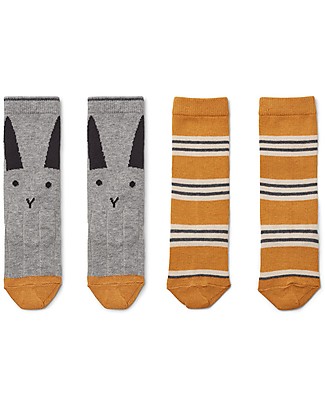 Liewood Sofia Socks, Rabbit/ Striped Mustard, 2 pack - Elasticated Cotton Socks