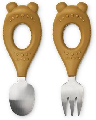 Liewood Stanley Baby Cutlery Set - Mr Bear - Golden Caramel - 100% Silicone Cutlery