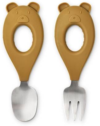 Liewood Stanley Baby Cutlery Set - Mr Bear - Golden Caramel - 100% Silicone Cutlery