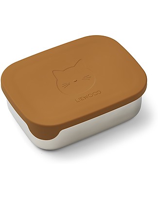 Liewood Steel and Silicone Arthur Lunchbox - Cat Mustard Lunch Boxes in Metal