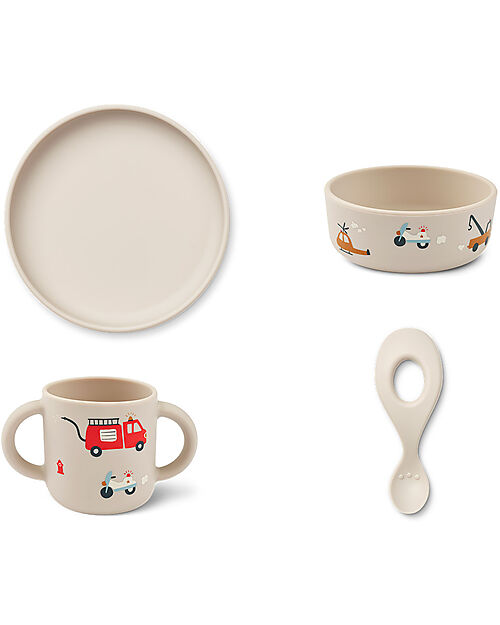 Liewood Vivi Tableware Set - Emergency Vehicle - Sandy - 100% Silicone Meal Sets