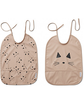 Liewood Waterproof Lai Bib with Pocket - Cat Rose - 100% Recycled Materials! - Pack of 2 Waterproof Bibs