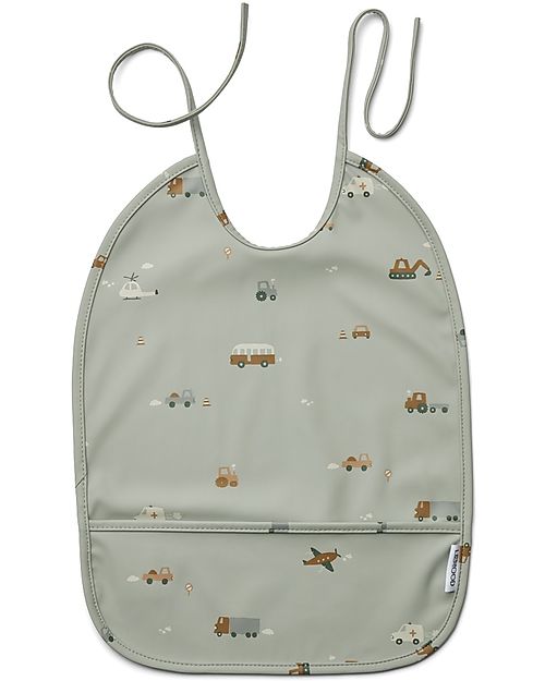 Liewood Waterproof Lai Bib with Pocket - Vehicles/Dove Blue Mix - 100% Recycled Materials! Waterproof Bibs