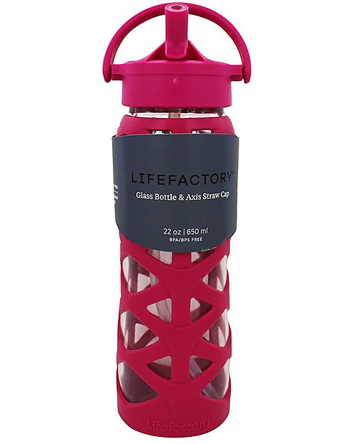 Lifefactory Glass Bottle with Asix Straw Cap and Silicone Sleeve - 22 oz/ 650 ml - Guava Pink Bottle Accessories