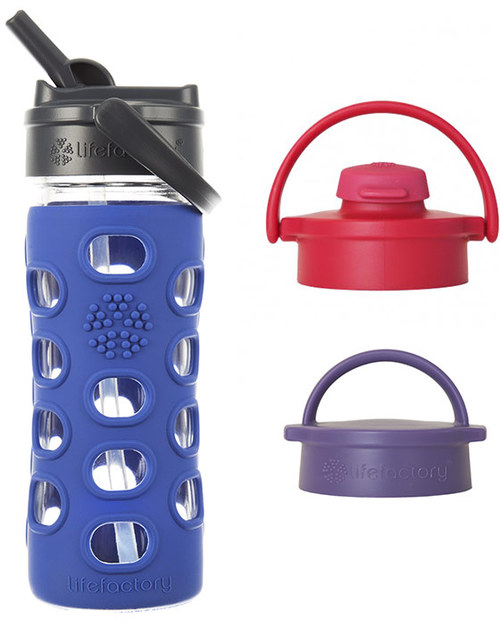 Lifefactory Glass Bottle with Straw Cap and Silicone Sleeve - 12 oz/350 ml - Cobalt Blue Bottle Accessories