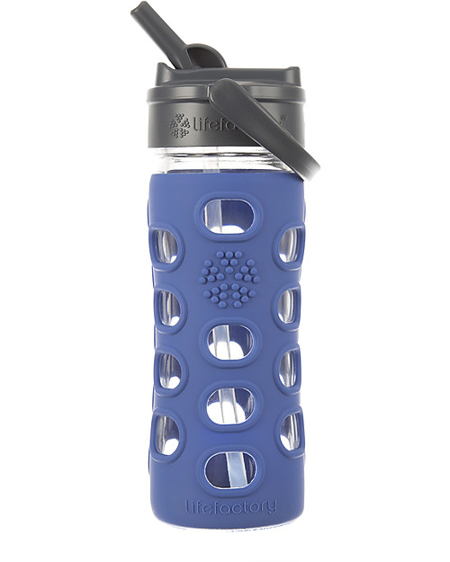 Lifefactory Glass Bottle with Straw Cap and Silicone Sleeve - 12 oz/350 ml - Cobalt Blue Bottle Accessories