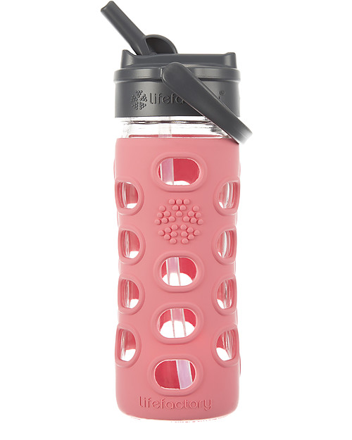 Lifefactory Glass Bottle with Straw Cap and Silicone Sleeve - 12 oz/350 ml - Coral Pink Bottle Accessories