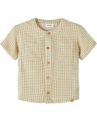 Lil Atelier Short Sleeves Shirt - Checks - Sage - Mandarin Collar - Linen and Cotton T-shirts