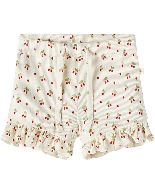 Lil Atelier Slim Shorts With Cherries - Bright White - Organic Cotton Shorts