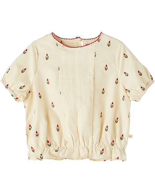 Lil Atelier T-Shirt with Elastic - Flowers Pattern - Turtle Dove - 100% Organic Cotton Bluse