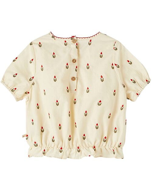 Lil Atelier T-Shirt with Elastic - Flowers Pattern - Turtle Dove - 100% Organic Cotton Bluse