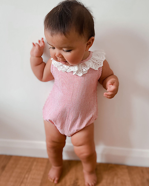 Lilly+Sid Bubble Romper with Frills - Pink Stripes - 100% Organic Cotton Short Rompers