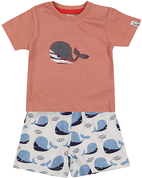 Lilly+Sid Set T-Shirt+Shorts - Whales - Blue/Orange/White - 100% GOTS Organic Cotton Sets And Co-Ords