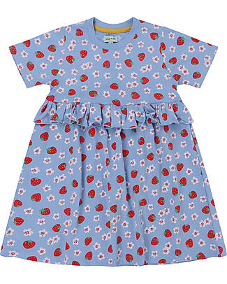 Lilly+Sid Short Sleeved Dress - Strawberries - Light Blue - 100% GOTS Organic Cotton Dresses_