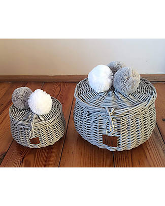 LiLu Casket with Pompoms Small - Grey - 10 cm - 100% Wicker Storage organisers