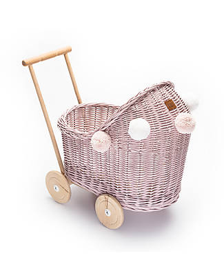 LiLu Doll Pram Low - Dirty Pink - 47 cm - 100% Wicker Toy Prams