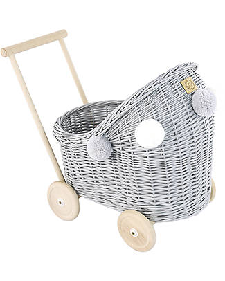 LiLu Doll Pram Low - Grey - 47 cm - 100% Wicker Toy Prams