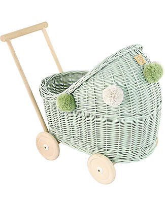 LiLu Doll Pram Low - Sage - 47 cm - 100% Wicker Toy Prams