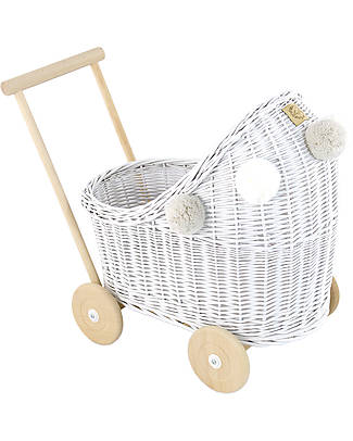 LiLu Doll Pram Low - White - 47 cm - 100% Wicker Toy Prams