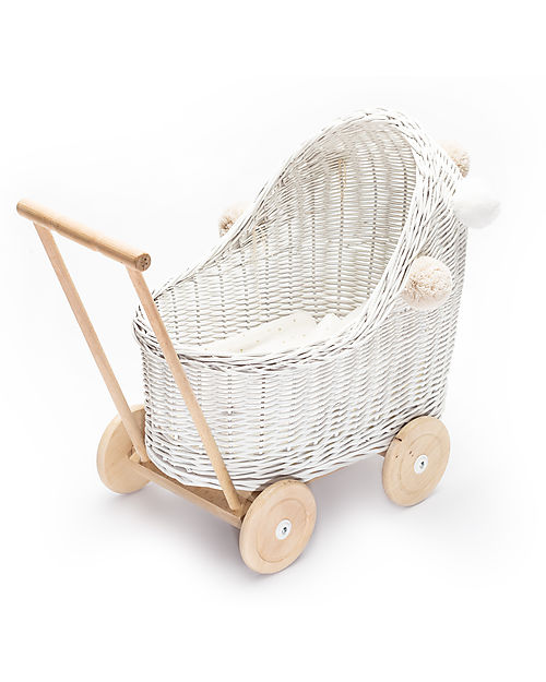 LiLu Doll Pram Low - White - 47 cm - 100% Wicker Toy Prams