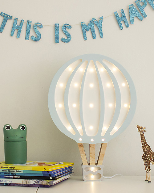 Little Lights LED Lamp with Dimmer - Blue Hot Air Balloon - Pinewood Bedside Lamps
