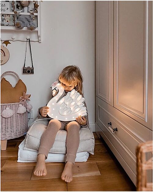 Little Lights LED Lamp with Dimmer - Swan - White - Handmade in Pine Wood Bedside Lamps