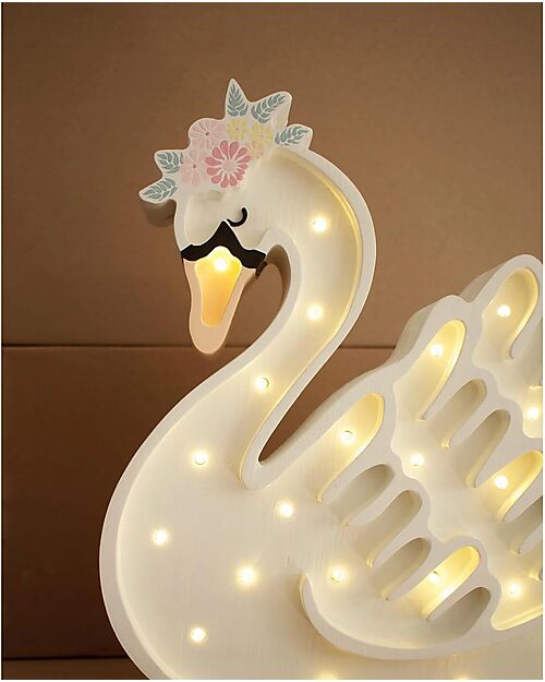 Little Lights LED Lamp with Dimmer - Swan - White - Handmade in Pine Wood Bedside Lamps