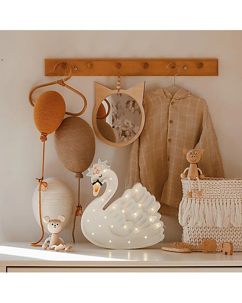 Little Lights LED Lamp with Dimmer - Swan - White - Handmade in Pine Wood Bedside Lamps