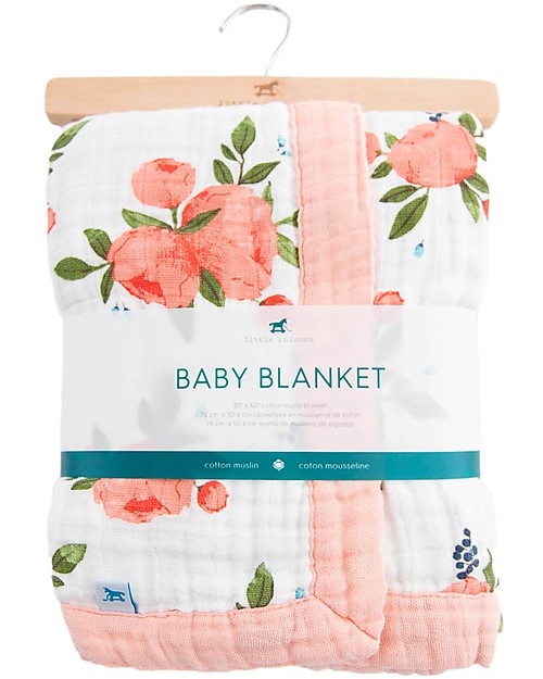 Little Unicorn Baby Blanket 75 x 100 cm - Watercolor Roses - 100% Cotton Muslin Muslin Swaddle