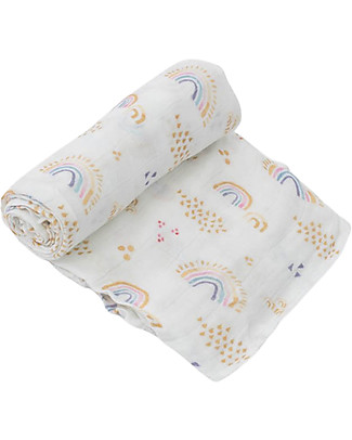 Little Unicorn Deluxe Swaddle Blanket 120 x 120 cm Rainbows & Raindrops - 100% Bamboo Muslin Blankets