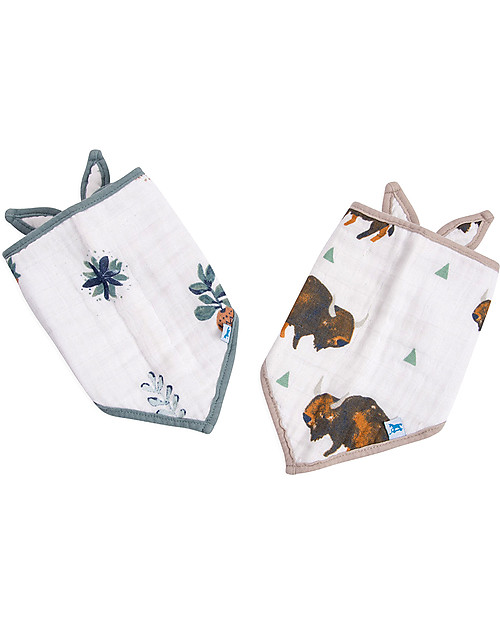 Little Unicorn Set of 2 Bandana Bibs, Bison - 3 Layers of 100 % Cotton Muslin Bandana Bibs