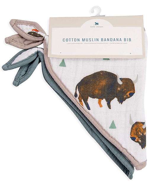 Little Unicorn Set of 2 Bandana Bibs, Bison - 3 Layers of 100 % Cotton Muslin Bandana Bibs