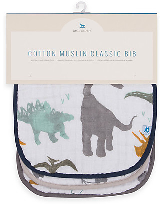 Little Unicorn Set of 3 Bibs, Dino Friends - 3 Layers of 100 % Cotton Muslin Snap Bibs