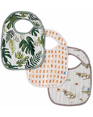 Little Unicorn Set of 3 Bibs, Gators - 3 Layers of 100% Cotton Muslin Snap Bibs