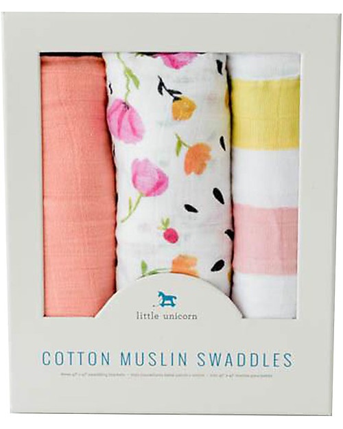 Little Unicorn Set of 3 Swaddle Blanket 120 x 120 cm, Cabana Stripe - 100% Cotton Muslin Muslin Swaddle