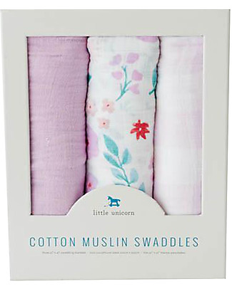 Little Unicorn Set of 3 Swaddle Blanket 120 x 120 cm, Morning Glory - 100% Cotton Muslin Swaddles