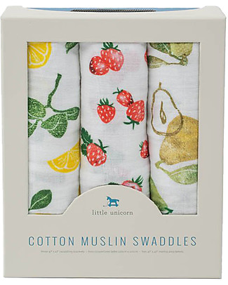 Little Unicorn Set of 3 Swaddle Blankets - Fruit Stand - 120 x 120 cm - 100% Cotton Muslin Muslin Swaddle