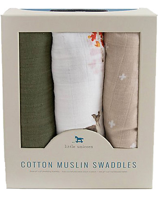 Little Unicorn Set of 3 Swaddle Blankets - Oh Deer - 120 x 120 cm - 100% Cotton Muslin Muslin Swaddle